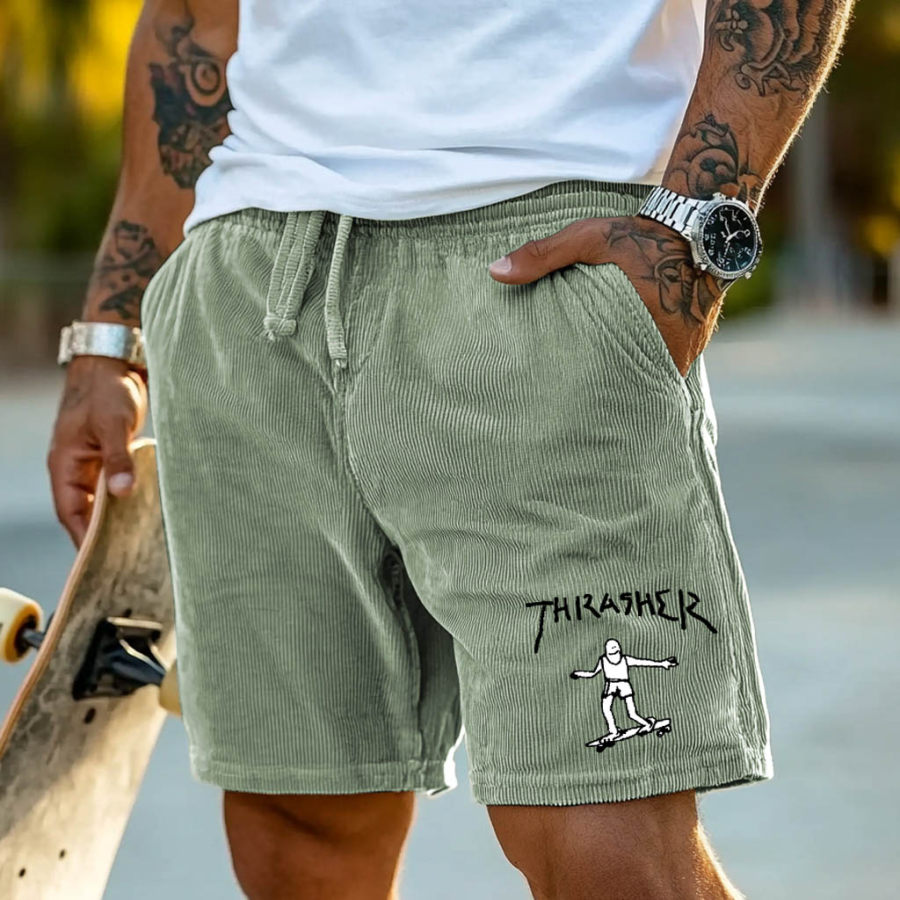 

Men's Vintage Corduroy Skateboard Magazine Gonz Print Elastic Drawstring Shorts