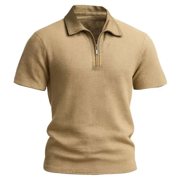 Men's Vintage Waffle Knit Zip-Up Polo Short Sleeve T-Shirt - Cotosen.com 