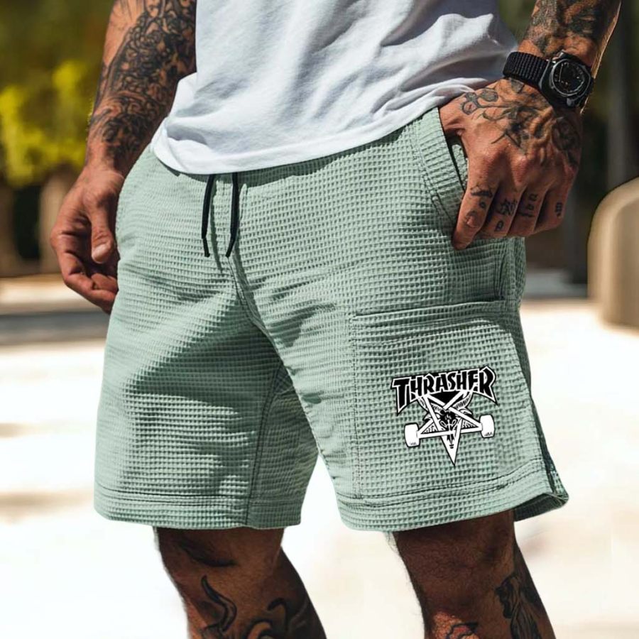 

Men's Vintage Waffle Knit Skategoat Skateboard Elastic Drawstring Shorts