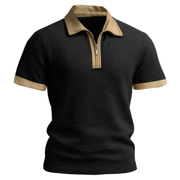 Men's Vintage Waffle Knit Color Block Zip Polo Short Sleeve T-Shirt - Cotosen.com 