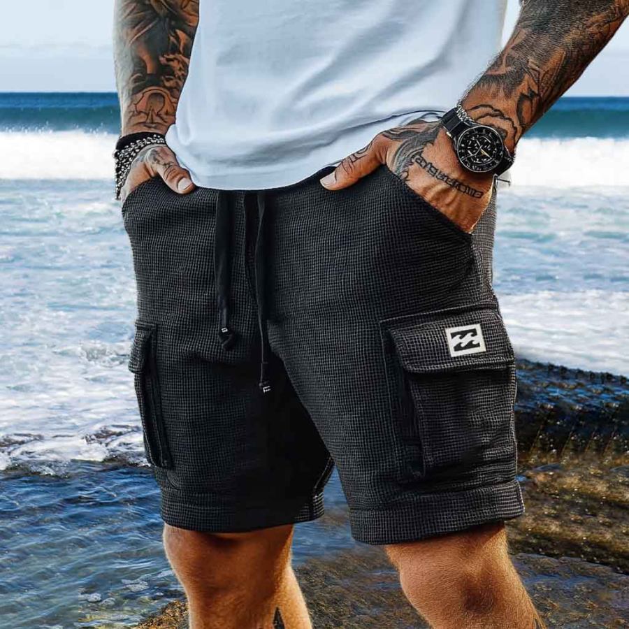 

Men's Vintage Waffle Knit Surf Boardshorts Multi-Pocket Elastic Drawstring Shorts