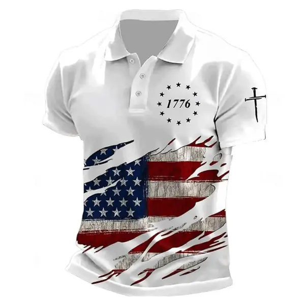 Men's Vintage America Flag Independence Day July 4th Print Sleeve Short Sleeve Polo T-Shirt - Menzfolk.com 