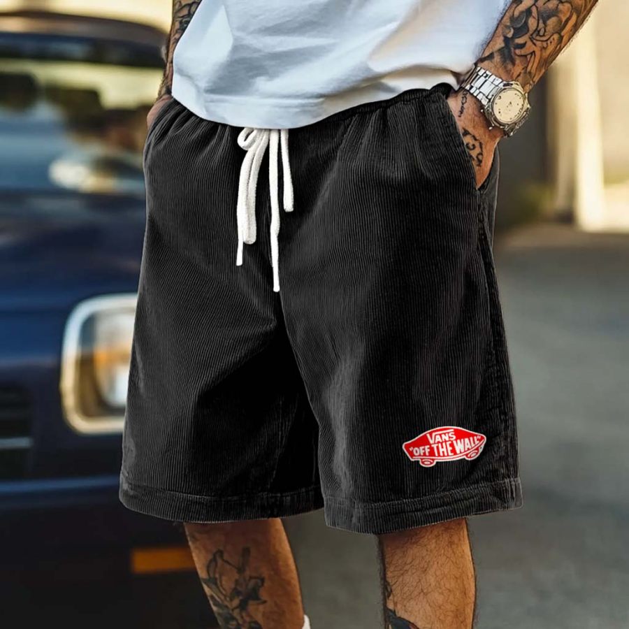 

Men's Skater Shorts Vintage Black Corduroy Skateboard Print Elastic Drawstring Boardshorts Baggy Shorts
