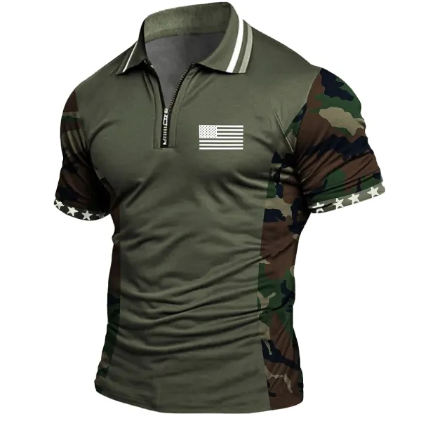 Men's Vintage American Flag Camo Print Sleeve Short Sleeve Zipper Polo T-Shirt - Menzfolk.com 