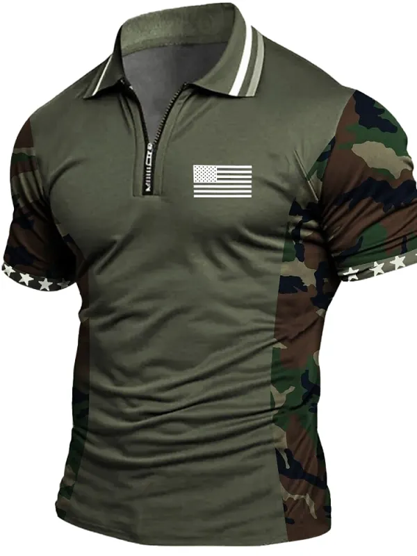Men's Vintage American Flag Camo Print Sleeve Short Sleeve Zipper Polo T-Shirt - Cotonow.com 