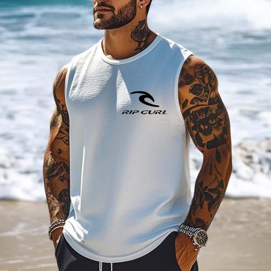 

Men's Vintage Surf Print Beach And Outdoor Sleeveless Tank Top