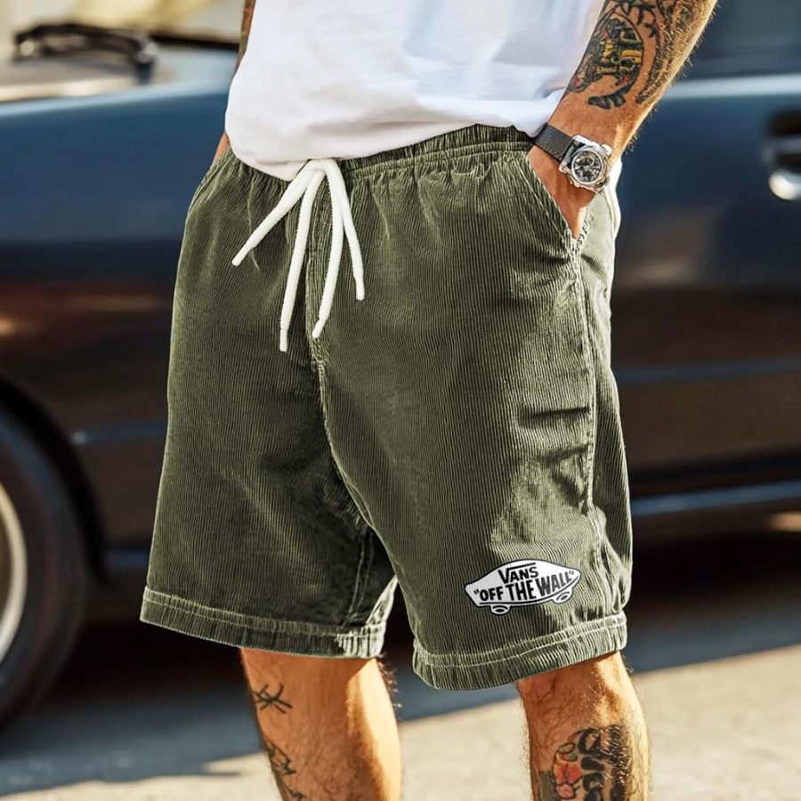 

Men's Skater Shorts Vintage Corduroy Skateboard Print Elastic Drawstring Boardshorts Baggy Shorts
