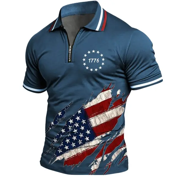 Men's Vintage 1776 American Flag Print Sleeve Short Sleeve Zipper Polo T-Shirt - Elementnice.com 