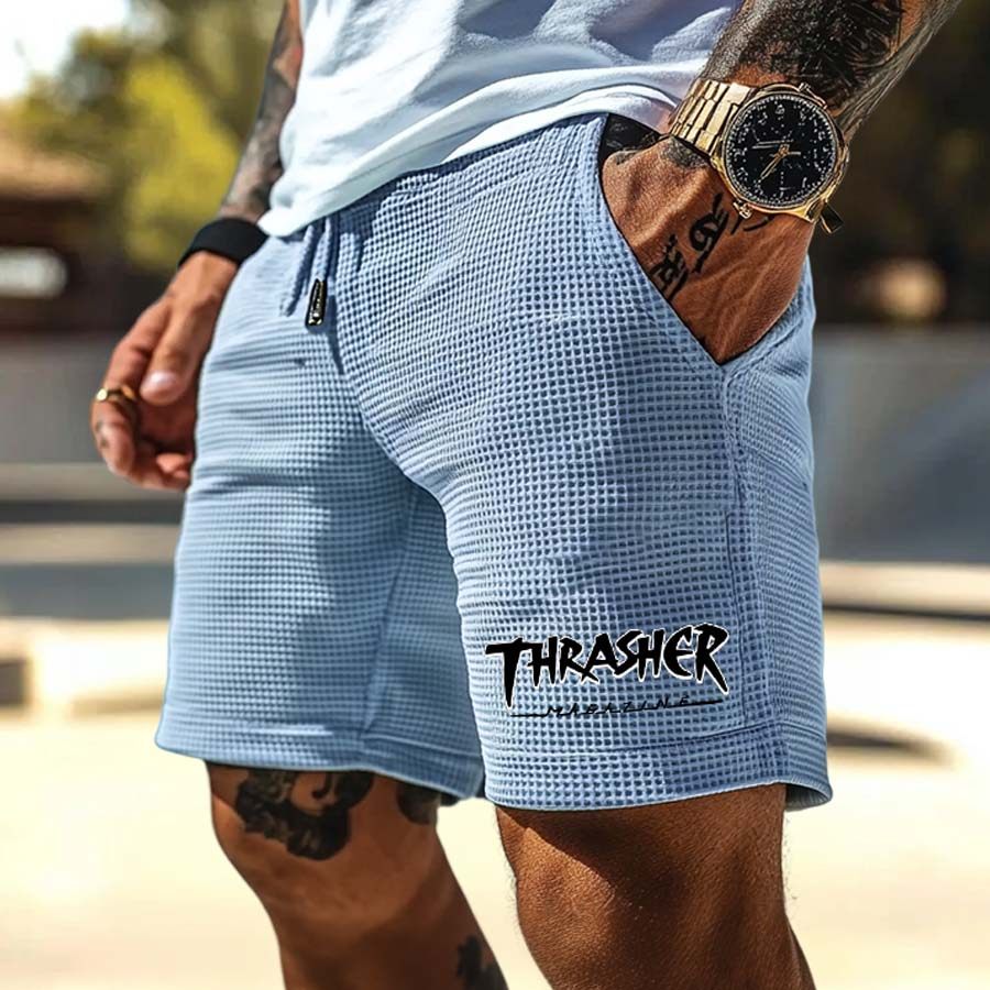 

Men's Vintage Waffle Knit Skateboard Magazine Elastic Drawstring Shorts