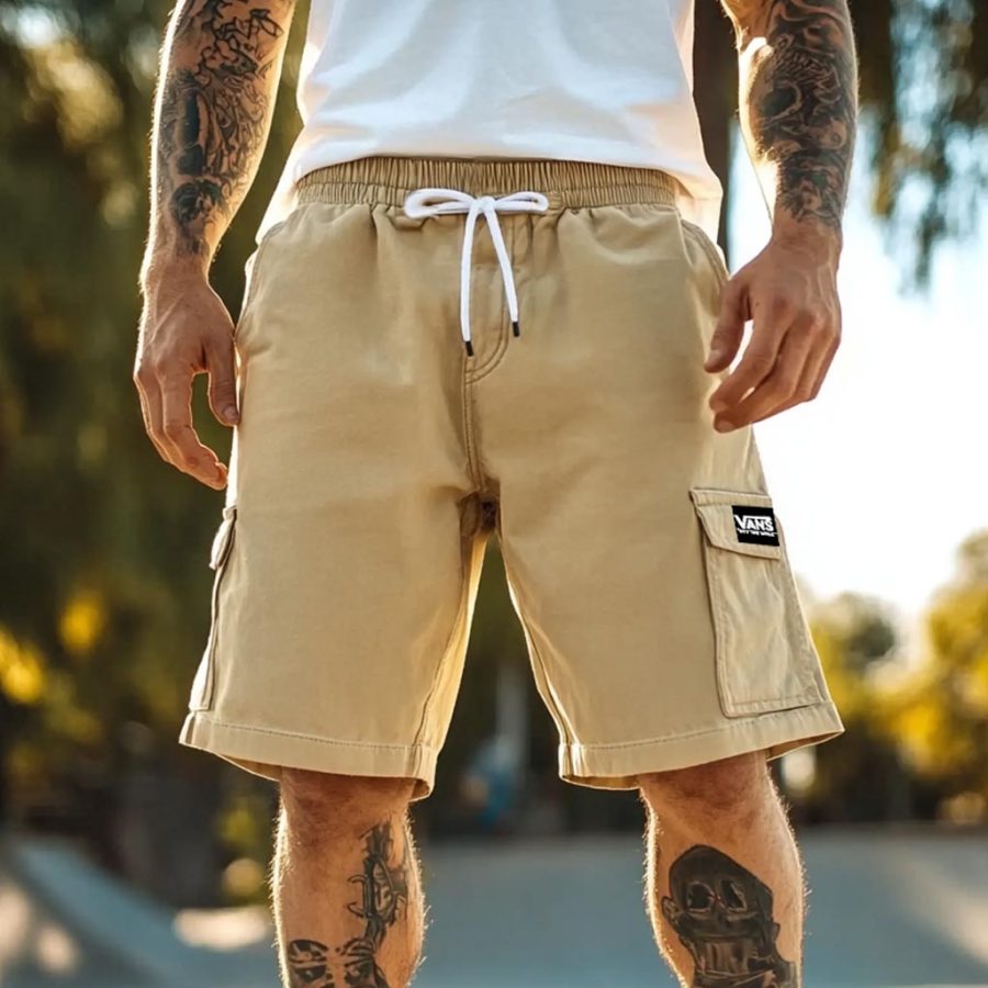 

Men's Skater Shorts Vintage Khaki Skateboard Print Elastic Drawstring Boardshorts Baggy Cargo Shorts
