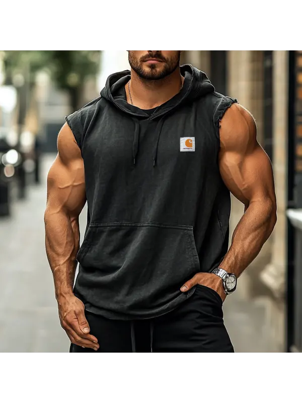 Men's 2025 Newest Retro Fashion Patchwork Pocket Sleeveless Hoodie - Ootdmw.com 
