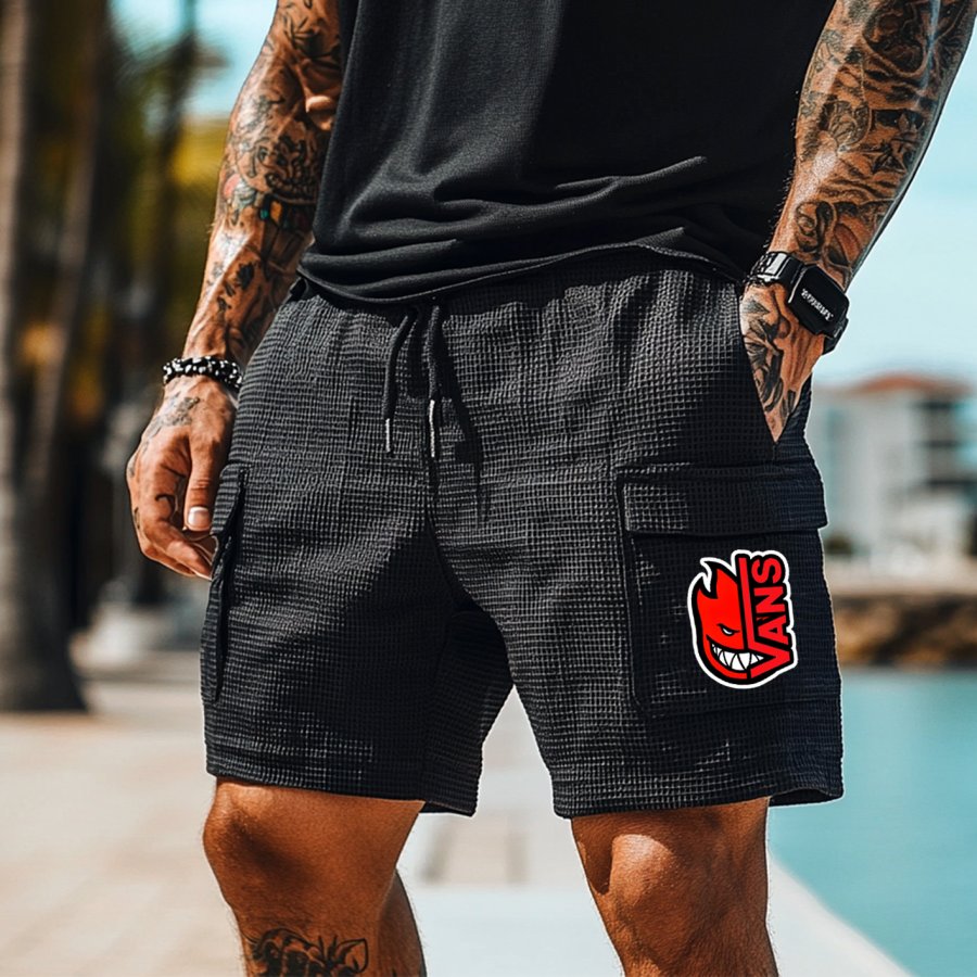 

Men's Vintage Black Waffle Fabric Patchwork Knit Pockets Surf Elastic Drawstring Shorts
