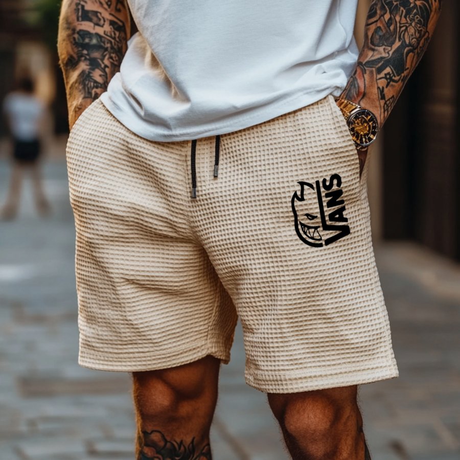

Men's Vintage Waffle Knit Beige Elastic Drawstring Board Surf Shorts
