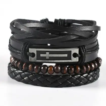 New European And American Retro Style Life Tree 8-Shaped Cross Zinc Alloy Hand-Woven 4-Piece Men'S Bracelet