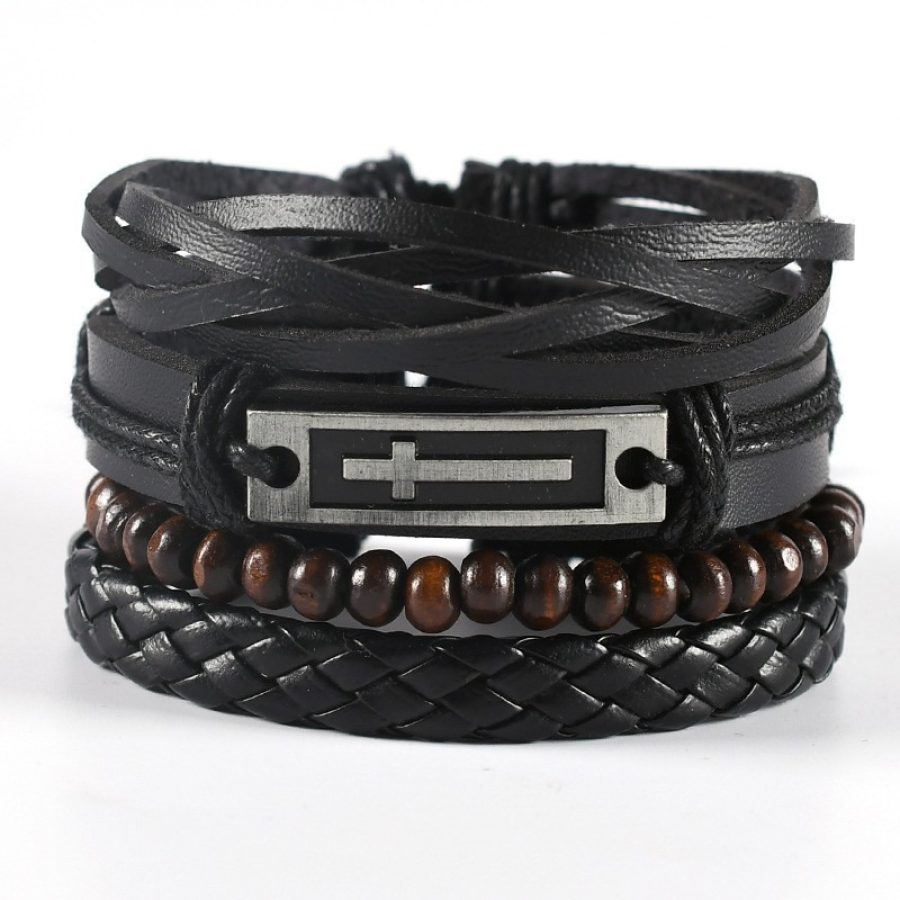 

New European And American Retro Style Life Tree 8-Shaped Cross Zinc Alloy Hand-Woven 4-Piece Men'S Bracelet