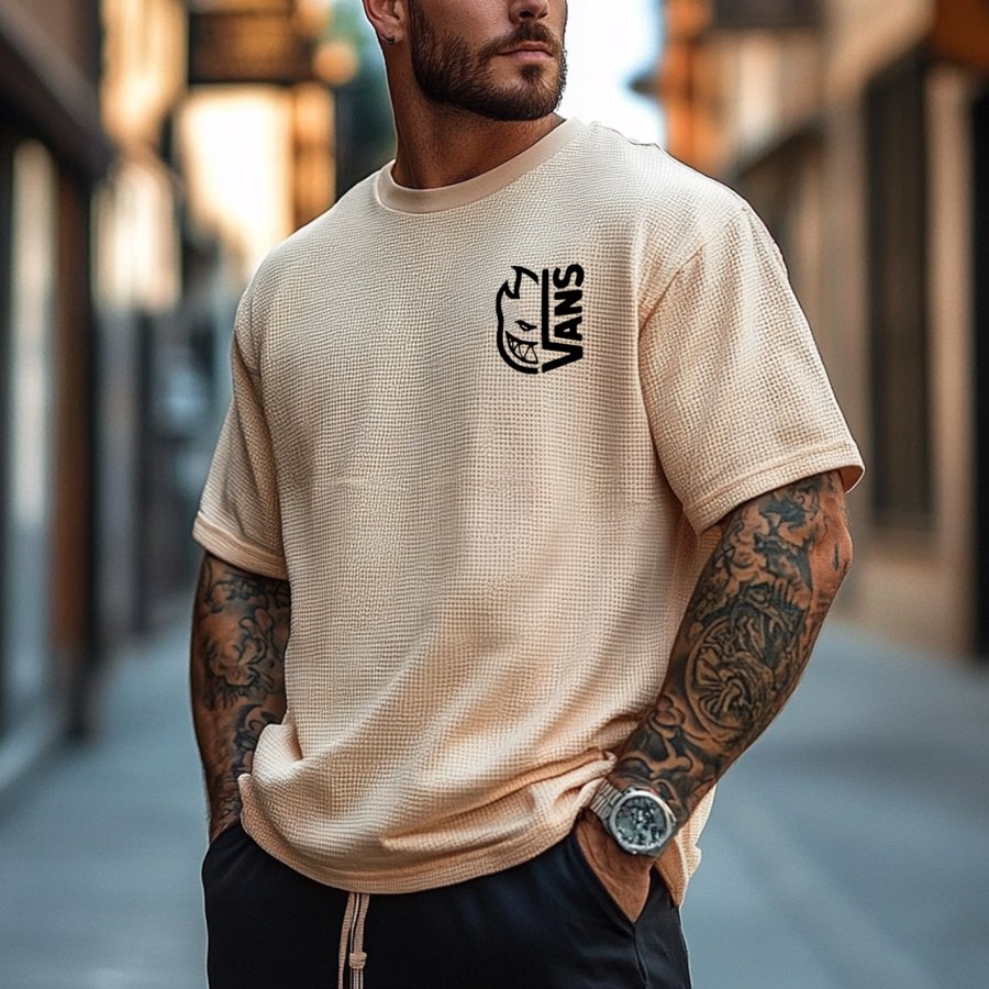 

Men's Vintage Beige Waffle Knit Surf Short Sleeve Crew Neck T-Shirt