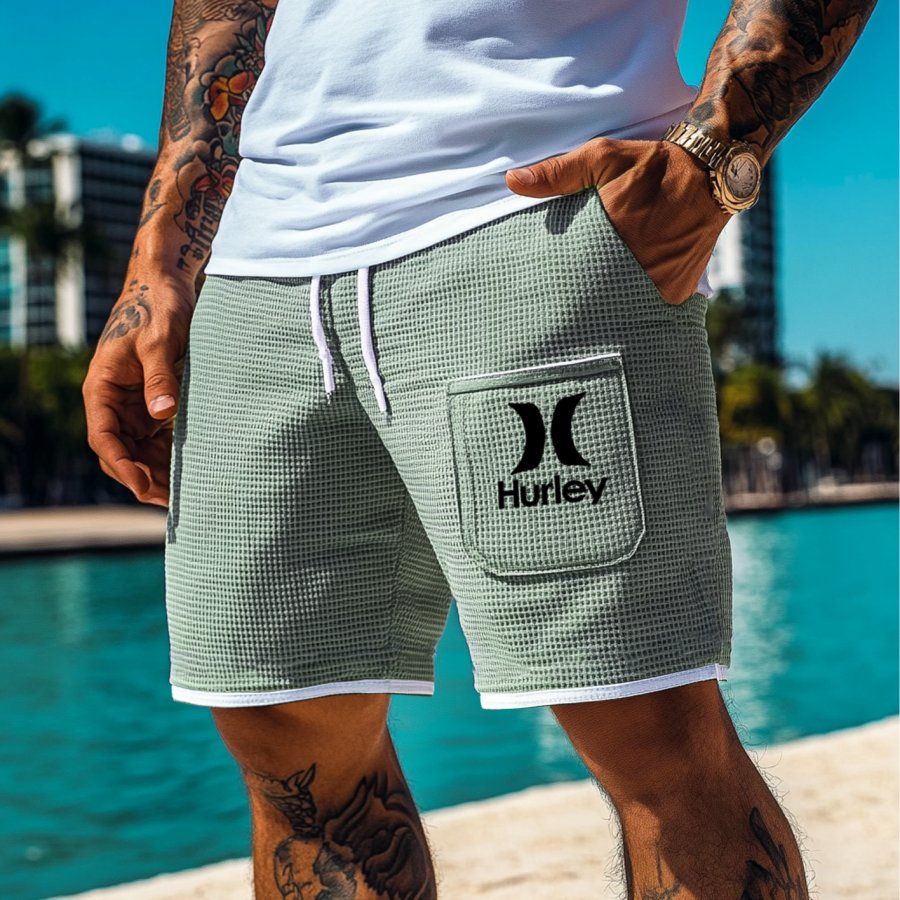 

Men's Vintage Light Green Waffle Fabric Patchwork Knit Pockets Surf Elastic Drawstring Shorts