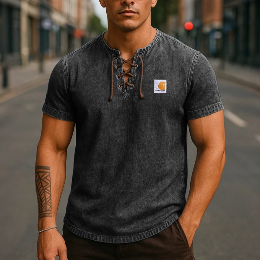

Vintage Lace-Up Henley T-Shirt For Men - Perfect For Casual And Outdoor Adventures
