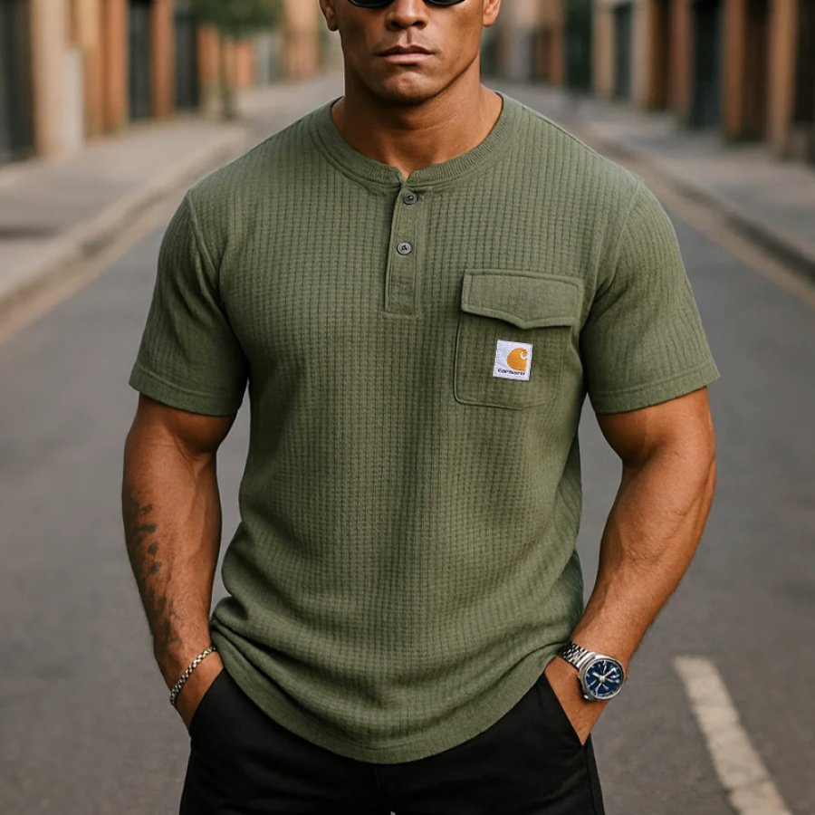 

Vintage Waffle Olive Green Henley T-Shirt With Chest Pocket - Perfect For Casual And Outdoor Adventures