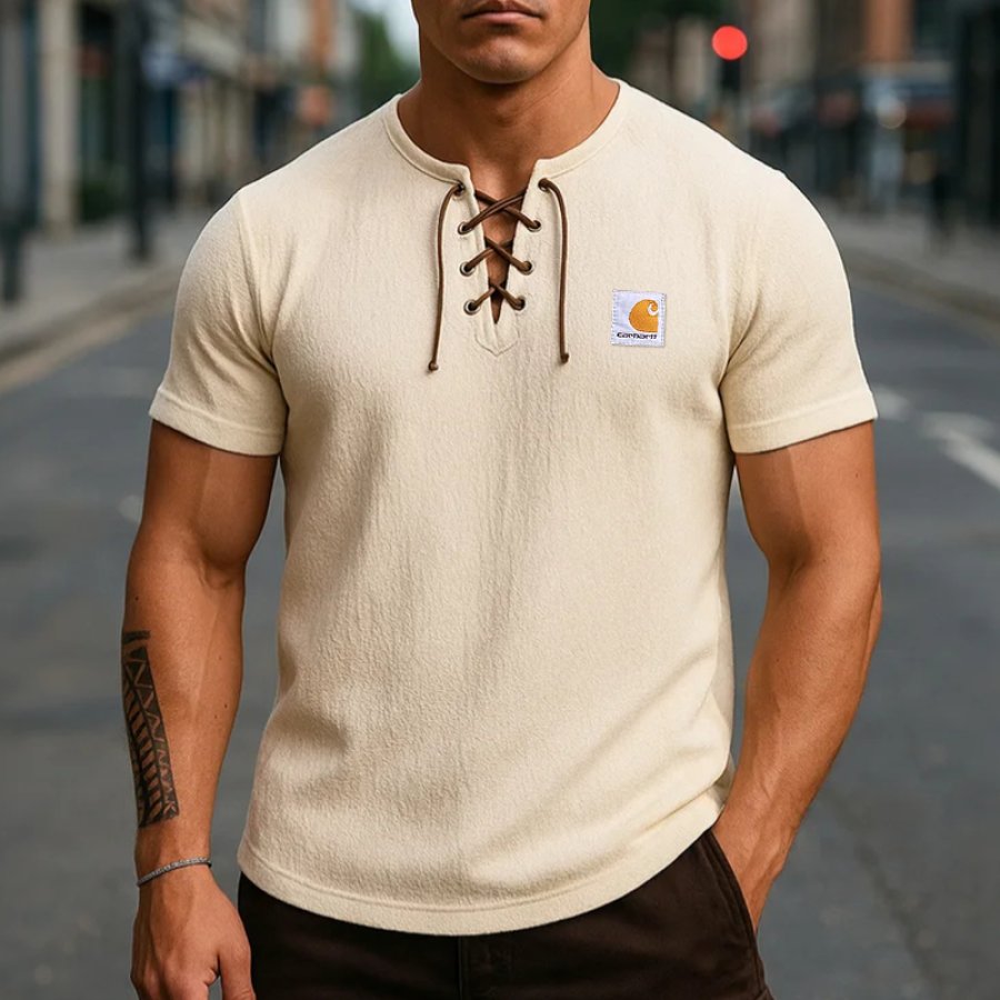 

Vintage Breathable Yarn Lace-Up Henley Collar Drawstring T-Shirt For Men - Perfect For Casual And Outdoor Adventures