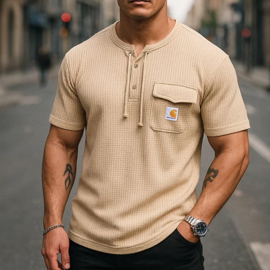 

Vintage Stylish Henley Collar Drawstring T-Shirt For Casual And Outdoor Adventures