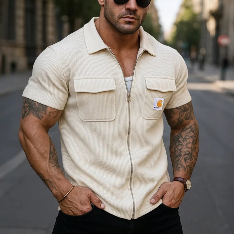 

Vintage Corduroy Multiple Pockets Stylish Short-Sleeve Zip-Up Jacket For Men - Perfect For Casual And Outdoor Adventures