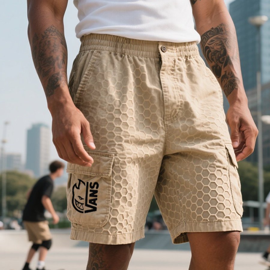 

Men's Vntage Honeycomb Pattern Khaki Cargo Shorts With Off The Wall Print Logo Khaki