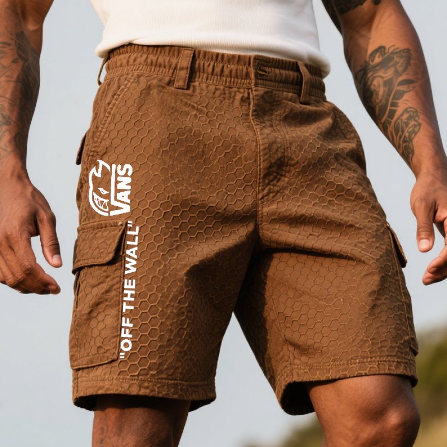 

Men's Vintage Surfing Skateboard Cargo Shorts With Honeycomb Texture Brown