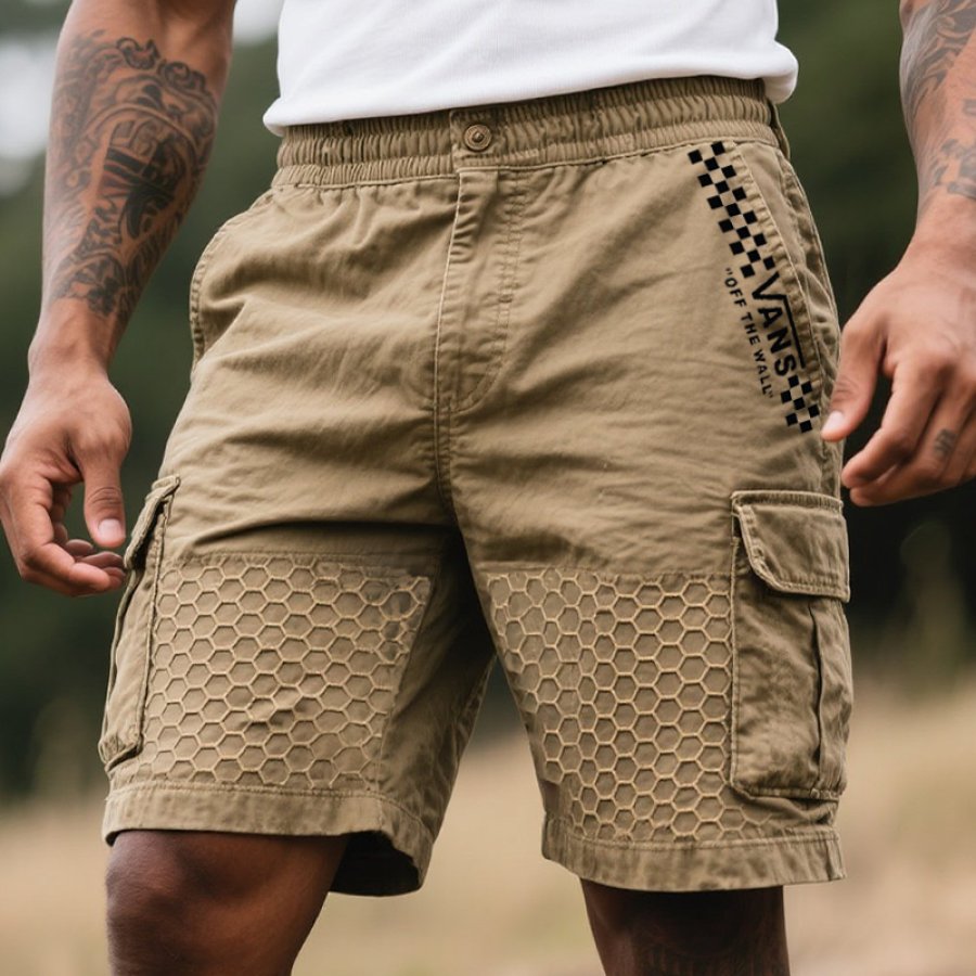 

Men's Vintage Surfing Skateboard Cargo Shorts With Honeycomb Pattern Pockets Khaki