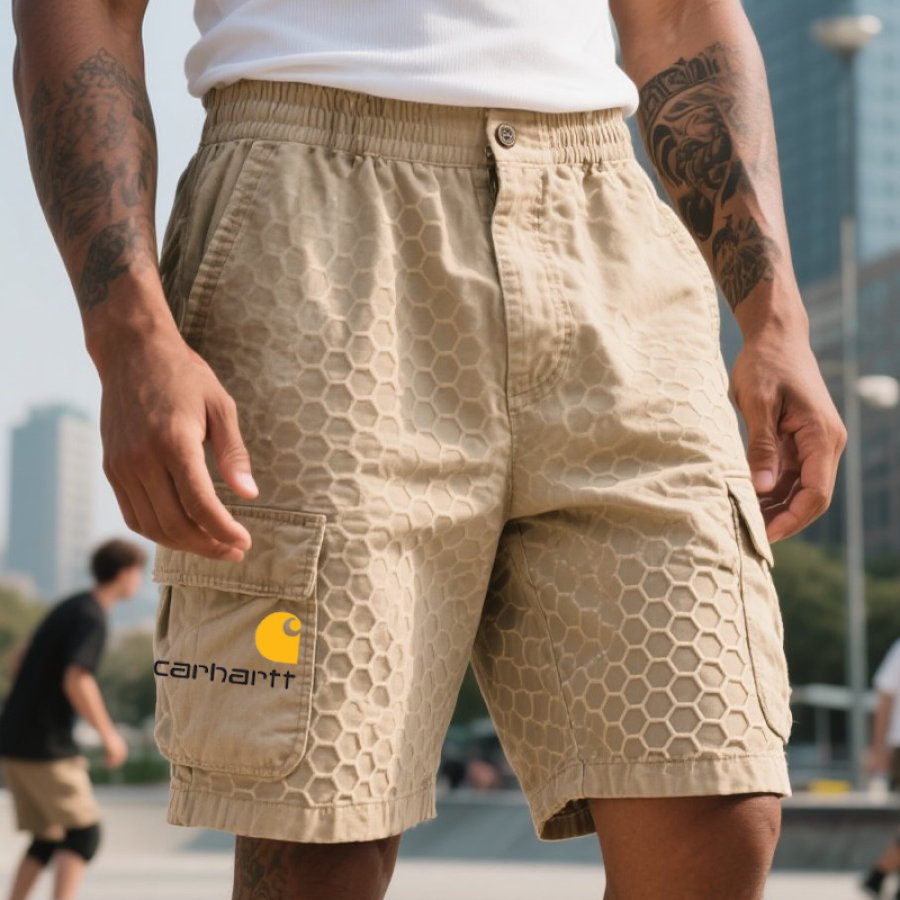 

Men's Vintage Honeycomb Fabric Surfing Skateboard Cargo Shorts Khaki