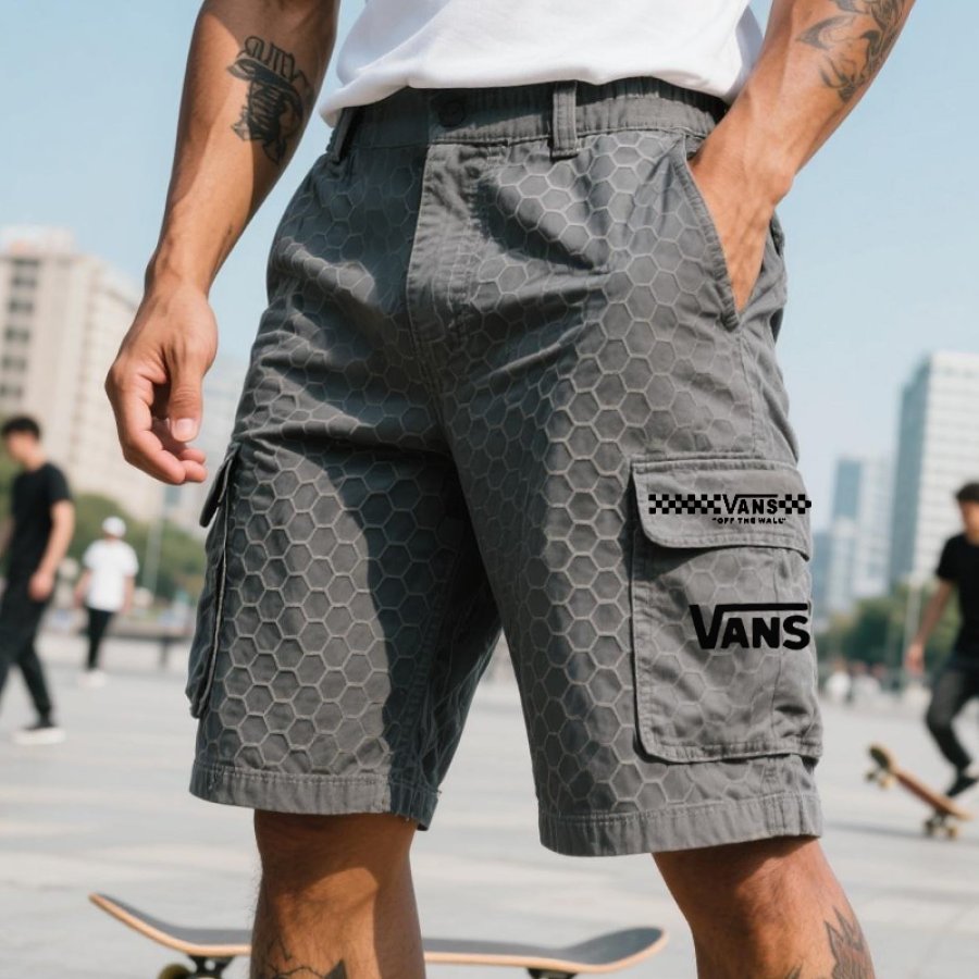 

Men's Vintage Honeycomb Pattern Fabric Cargo Surfing Skateboard Shorts Cement Gray
