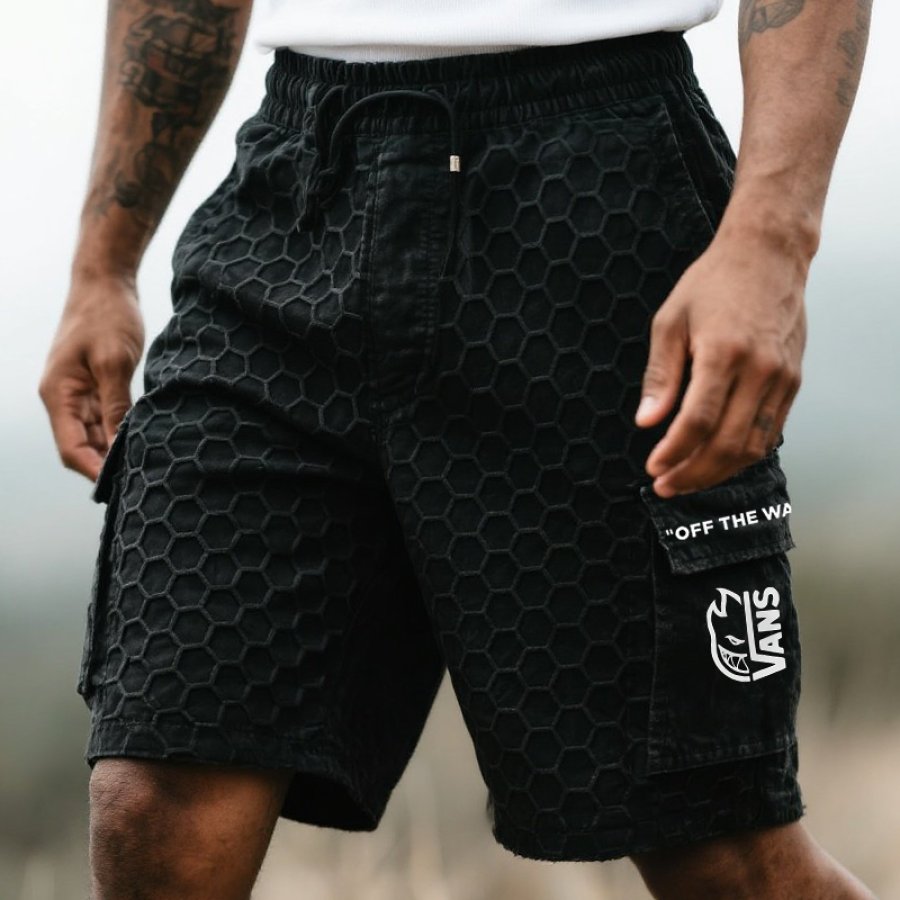 

Men's Vintage Honeycomb Pattern Cargo Surfing Skateboard Shorts Black