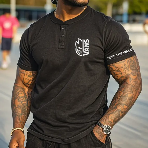 Men's Vintage Letter Print Henley T-Shirt - Wayrates.com 