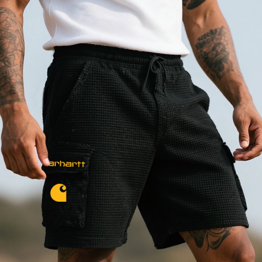 

Men's Vintage Waffle Cargo Surfing Skateboard Shorts With Drawstring Waist