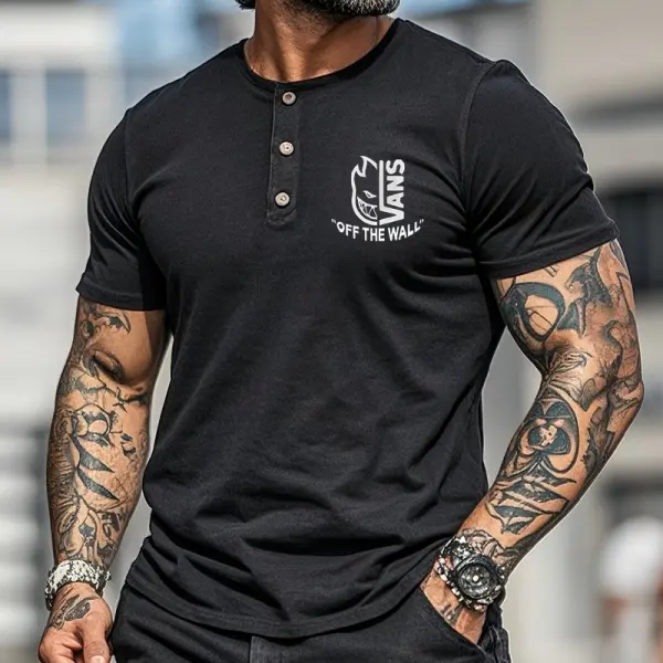 Men's Vintage Letter Print Henley T-Shirt - Wayrates.com 