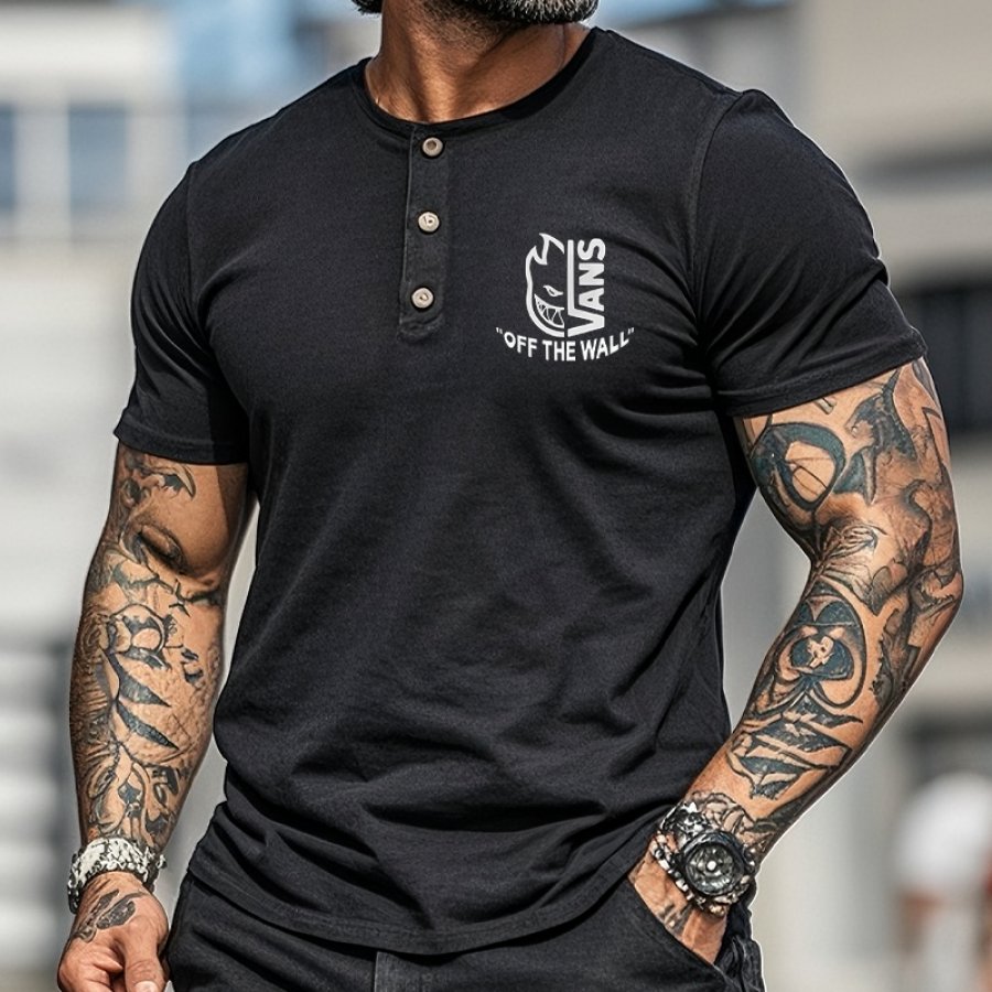 

Men's Vintage Letter Print Henley T-Shirt