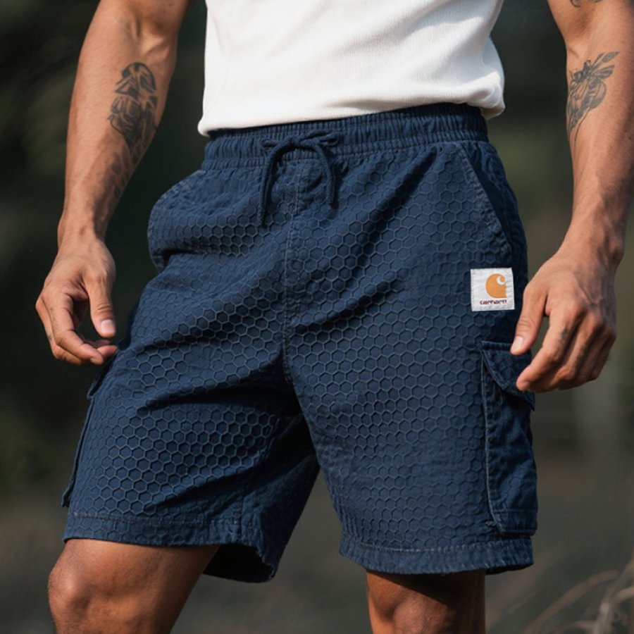 

Men's Retro Honeycomb Pattern Fabric Pocket Cargo Surfing Skateboard Shorts Dark Blue