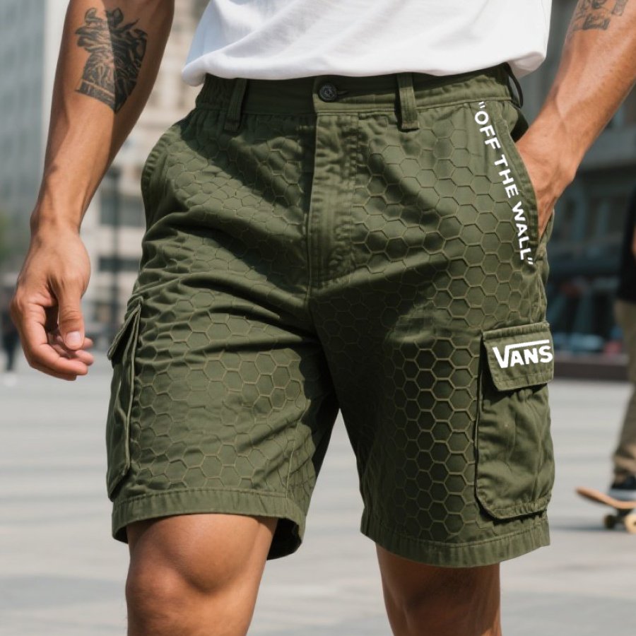 

Men's Vintage Surfing Skateboard Cargo Shorts With Hexagonal Honeycomb Fabric Pattern Military Green