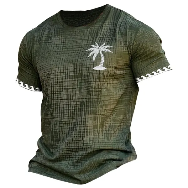 Men's Vintage Palm Tree Print T-Shirt With Wavy Hem - Wayrates.com 