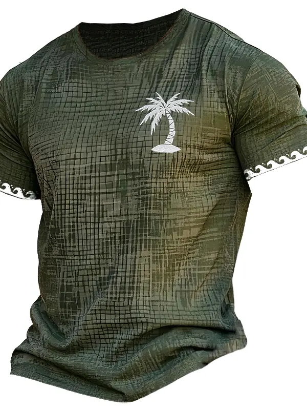 Men's Vintage Palm Tree Print T-Shirt With Wavy Hem - Pragmaace.com 