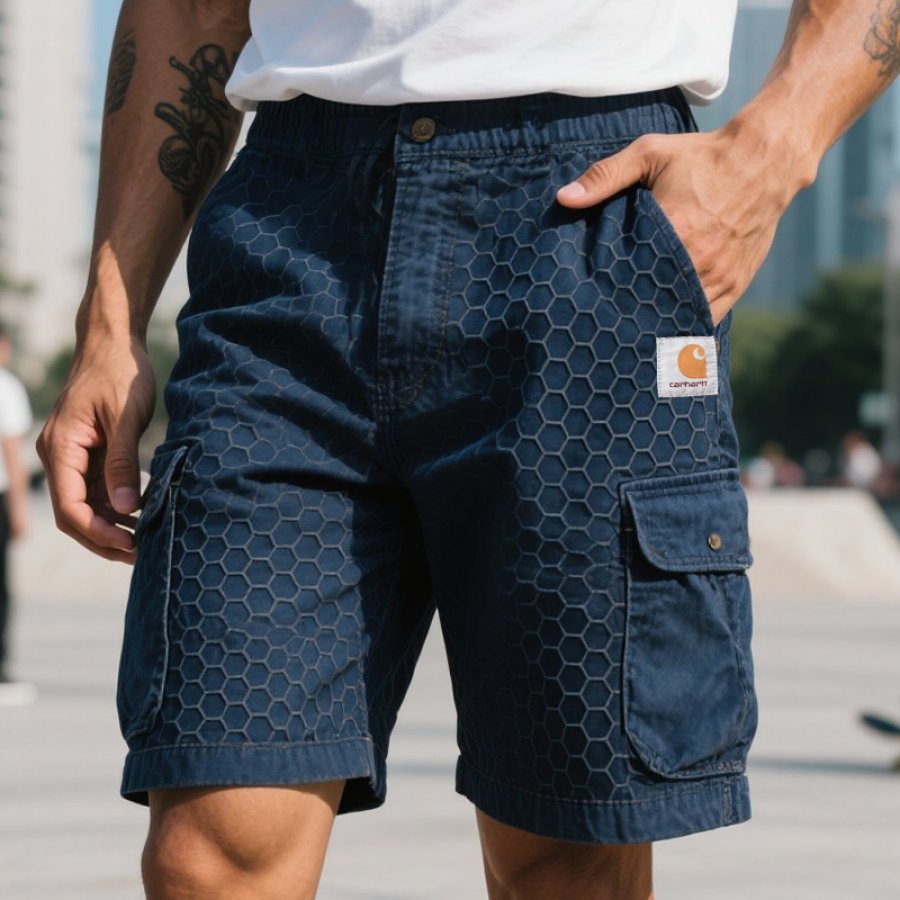 

Men's Vintage Surfing Skateboard Cargo Shorts With Honeycomb Hexagonal Pattern Dark Blue