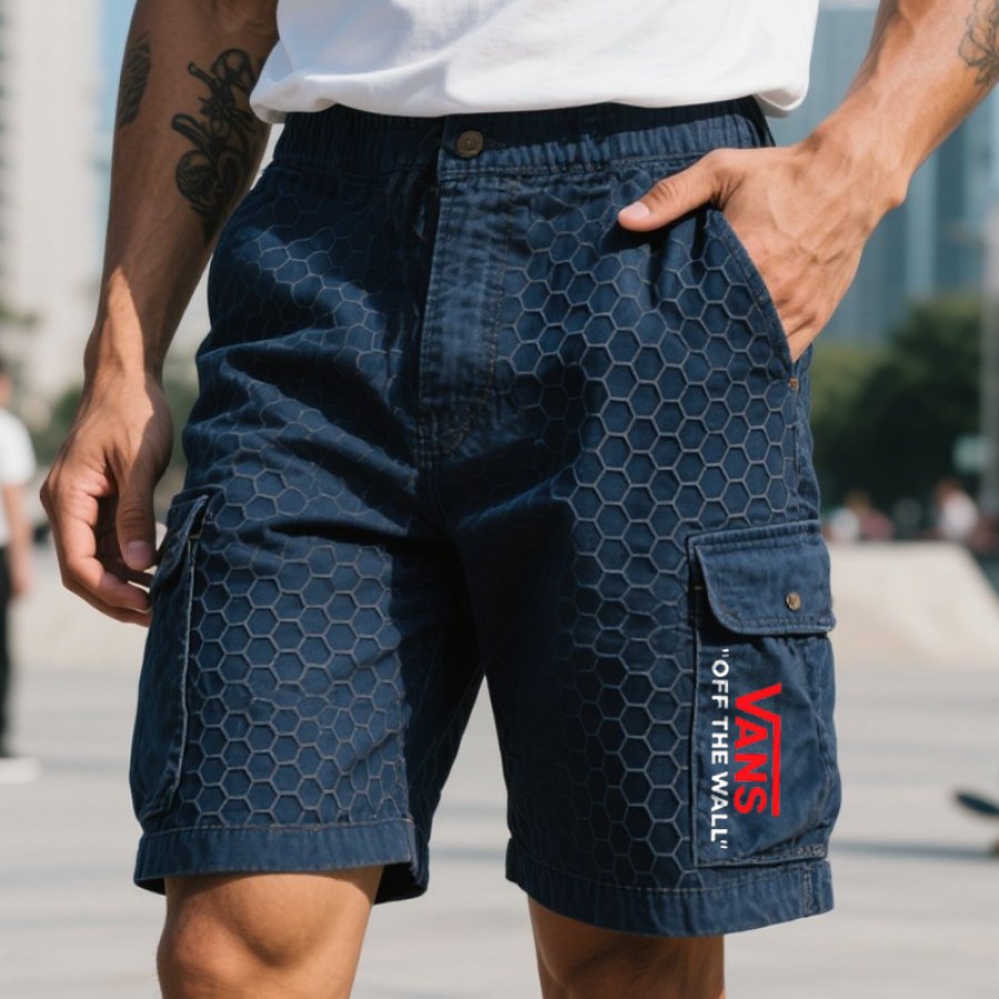 

Men's Vintage Surfing Skateboard Cargo Shorts With Hexagonal Honeycomb Pattern