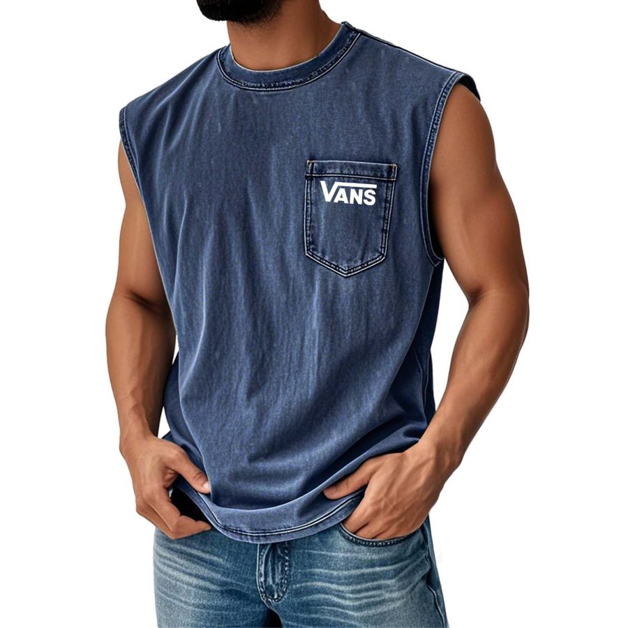 

Men's Sleeveless Crew Neck Distressed Washed Vest With Chest Pocket Perfect For Casual And Workwear Tank Top