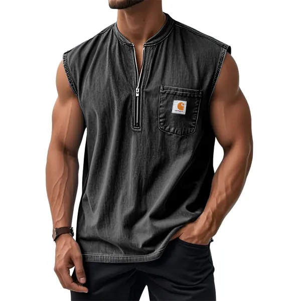 Men's Sleeveless Henley Zip-Up Distressed Washed Vest With Chest Pocket Perfect For Casual And Workwear Tank Top - Wayrates.com 