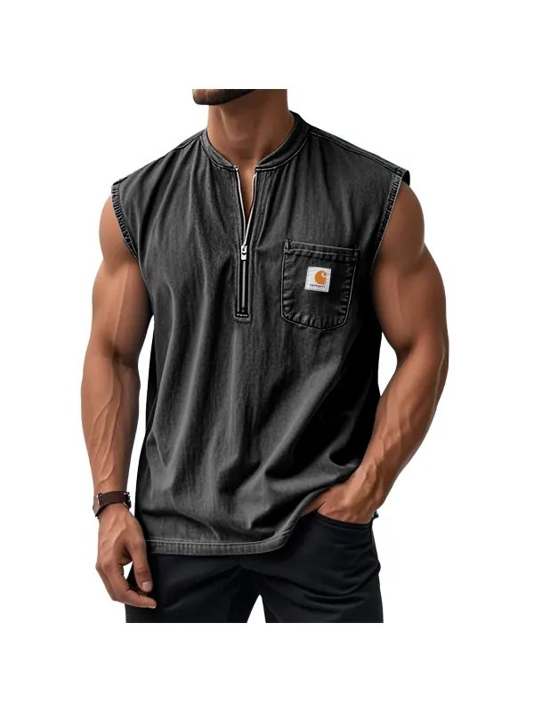 Men's Sleeveless Henley Zip-Up Distressed Washed Vest With Chest Pocket Perfect For Casual And Workwear Tank Top - Ootdmw.com 