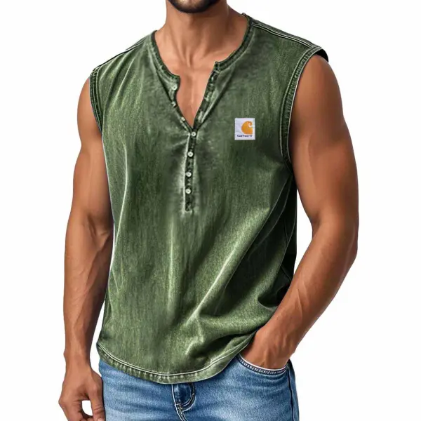 Men's Sleeveless Henley Collar Distressed Washed With Button Vest Perfect For Casual And Workwear Tank Top - Wayrates.com 