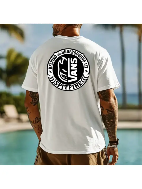 Men's Vintage Surfing Fire Skateboard Print Crew Neck Short Sleeve T-Shirt - Aptkoi.com 