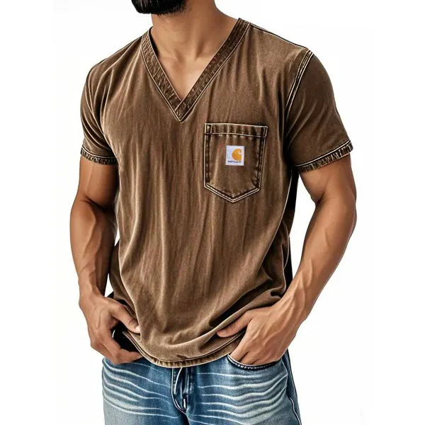 Men's Short Sleeve V-Neck Distressed Washed T-Shirt With Chest Pocket Perfect For Casual And Workwear - Ootdcowboys.com 