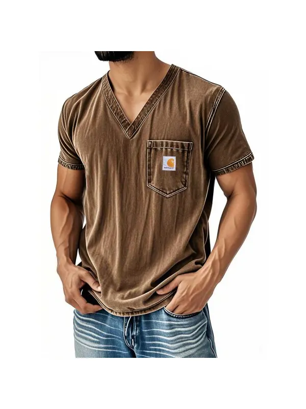 Men's Short Sleeve V-Neck Distressed Washed T-Shirt With Chest Pocket Perfect For Casual And Workwear - Ootdmw.com 