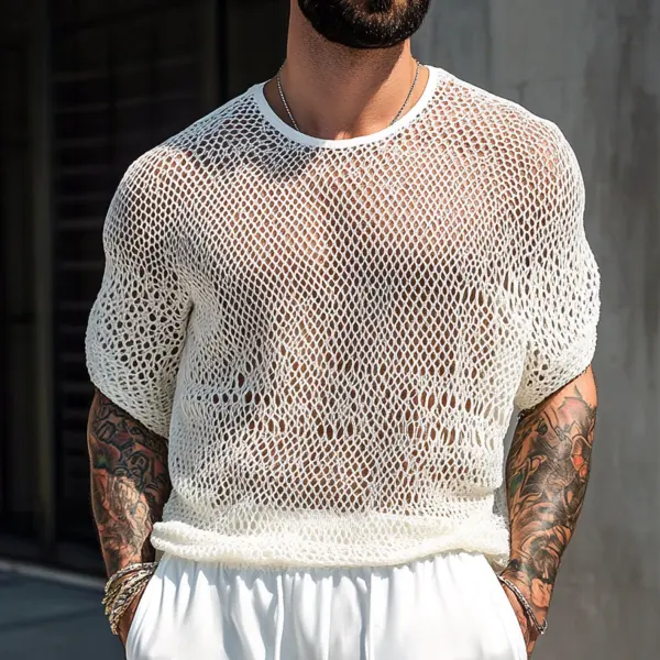 Men's White Knit Mesh Top Sweater - Rabclub.com 